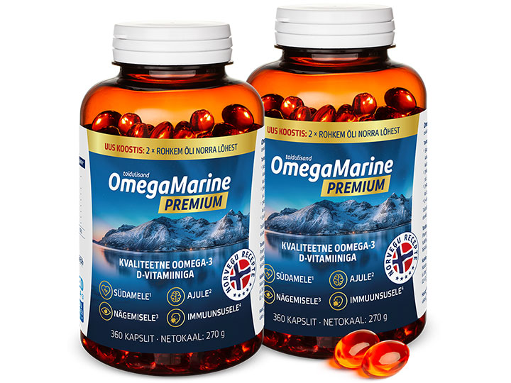 Natural Pharmaceuticals OmegaMarine™ Premium Kaks purki OmegaMarine™ Premium toidulisandit, mis sisaldab kvaliteetseid oomega-3-rasvhappeid ja D-vitamiini. Etiketil: kasu südamele, ajule, nägemisele ja immuunsusele ning teave lõheõli Norra päritolu kohta.