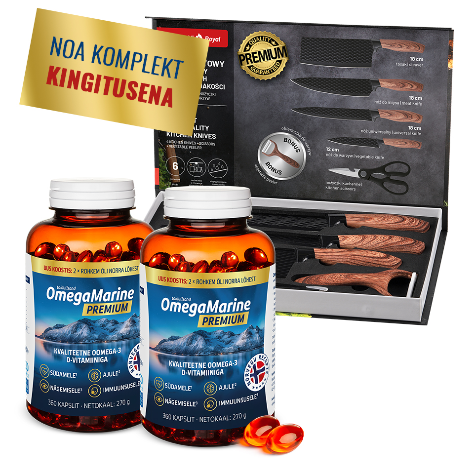 Natural Pharmaceuticals OmegaMarine™ Premium Kaks pakki OmegaMarine™ Premium toidulisandit (360 kapslit, 270g) Norra lõheõliga.