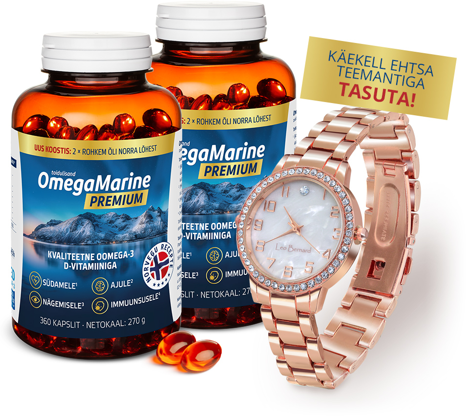 Natural Pharmaceuticals OmegaMarine™ Premium Kaks pakki OmegaMarine™ Premium toidulisandit (360 kapslit, 270g) Norra lõheõliga, mis sisaldab oomega-3 rasvhappeid ja D-vitamiini. Etiketil kasu südamele, ajule, nägemisele ja immuunsusele. Kõrval on roosa ja kuldne Leo Bernardi naiste käekell tsirkoonidega. Kollane ja punane reklaamkiri sõnadega: 