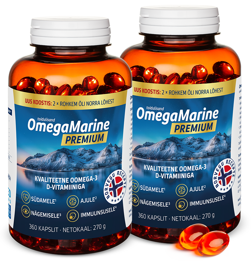Natural Pharmaceuticals OmegaMarine™ Premium Kaks suurt purki OmegaMarine™ Premium toidulisandit, mis sisaldavad 360 kalaõli ja D-vitamiini kapslit. Esile tõstetud kasu tervisele: südamele, ajule, nägemisele ja immuunsusele. Lisaks kaks kapslit asuvad pakendi kõrval.