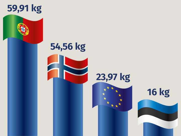Natural Pharmaceuticals OmegaMarine™ Premium Püstdiagramm, mis näitab iga-aastast kalatarbimist inimese kohta valitud riikides. Portugal - 59,91 kg, Norra - 54,56 kg, Euroopa Liit (keskmine) - 23,97 kg, Eesti - 16 kg. Iga tulp on tähistatud riigi või ELi lipuga.
